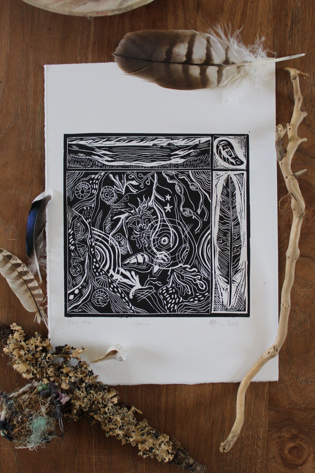 'Gemini' Zodiac, Limited Edition Lino Print, 25x25cm