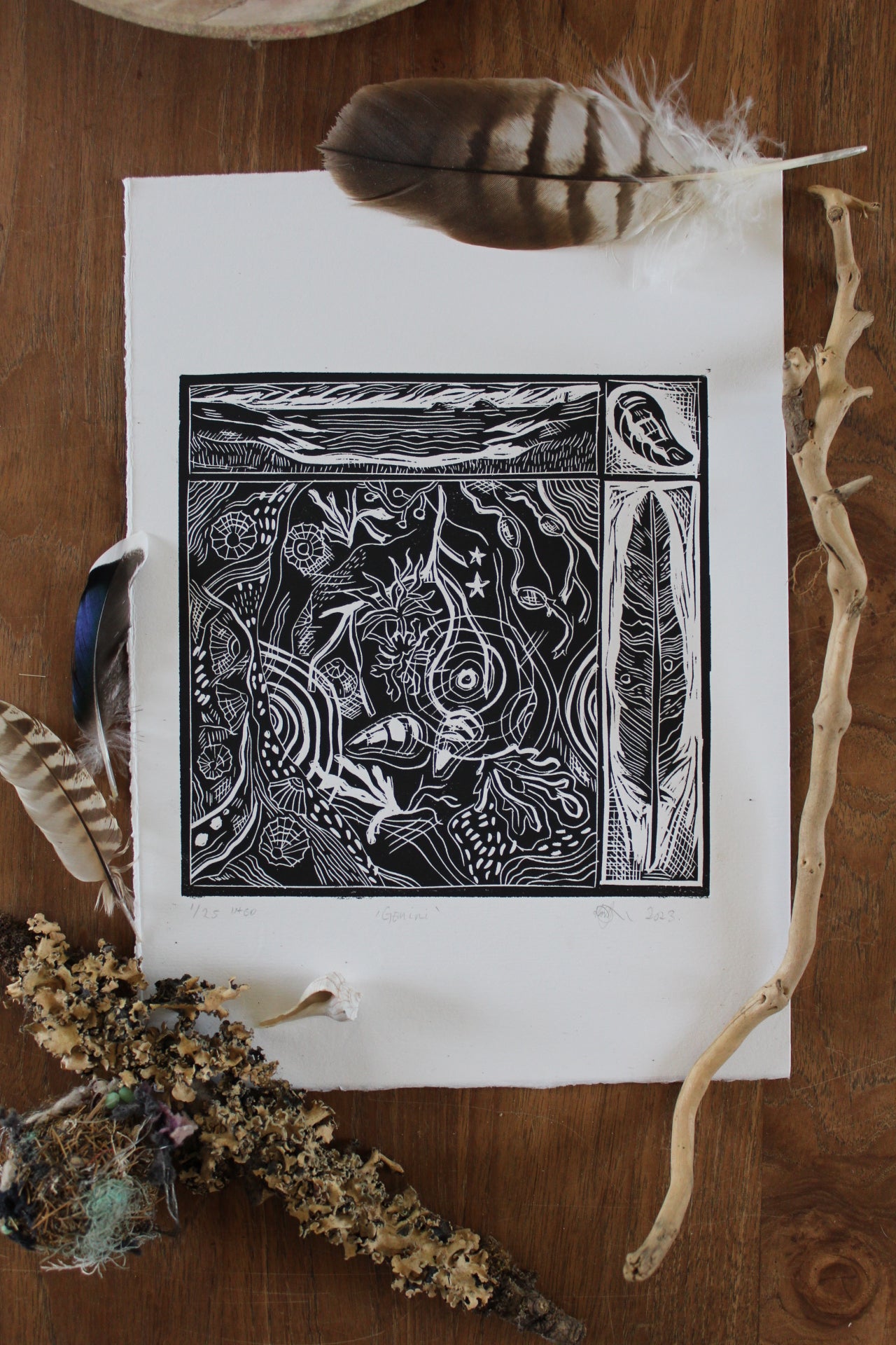 'Gemini' Zodiac, Limited Edition Lino Print, 25x25cm