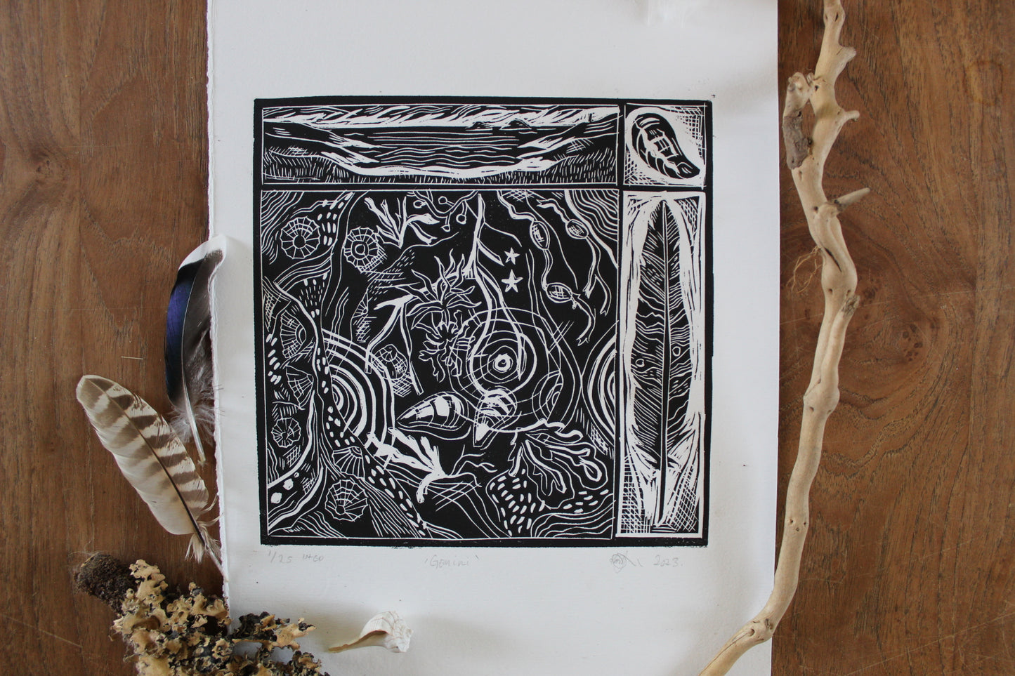 'Gemini' Zodiac, Limited Edition Lino Print, 25x25cm