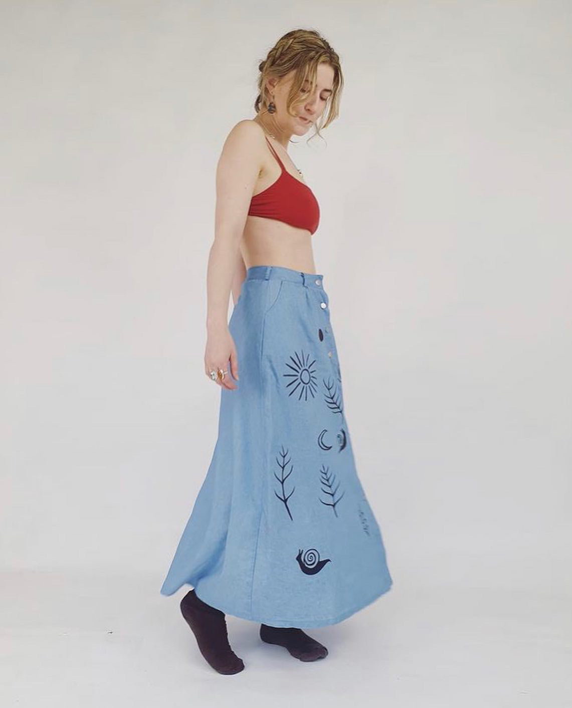 Hand painted, 'Sacred snail' Denim skirt