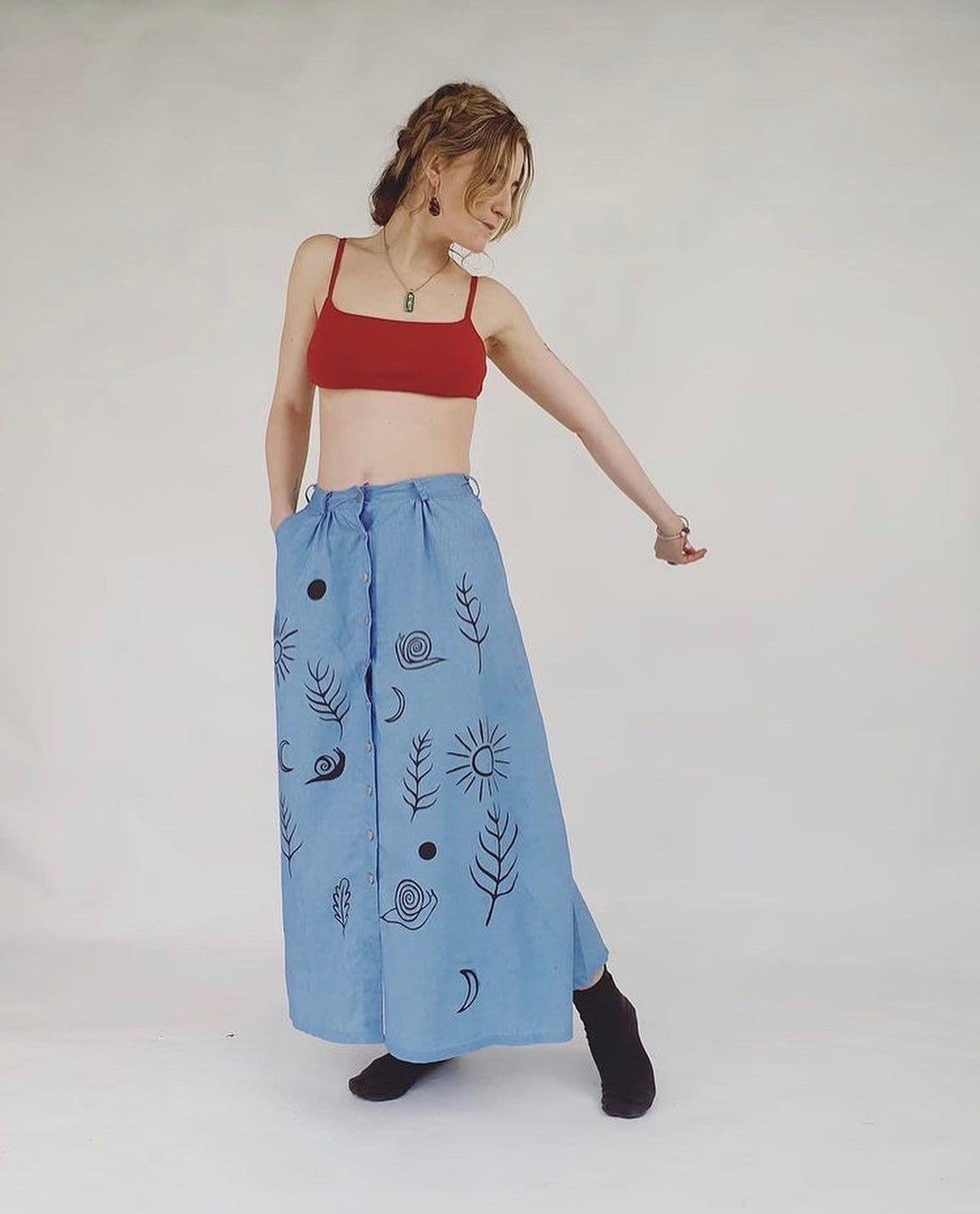 Hand painted, 'Sacred snail' Denim skirt