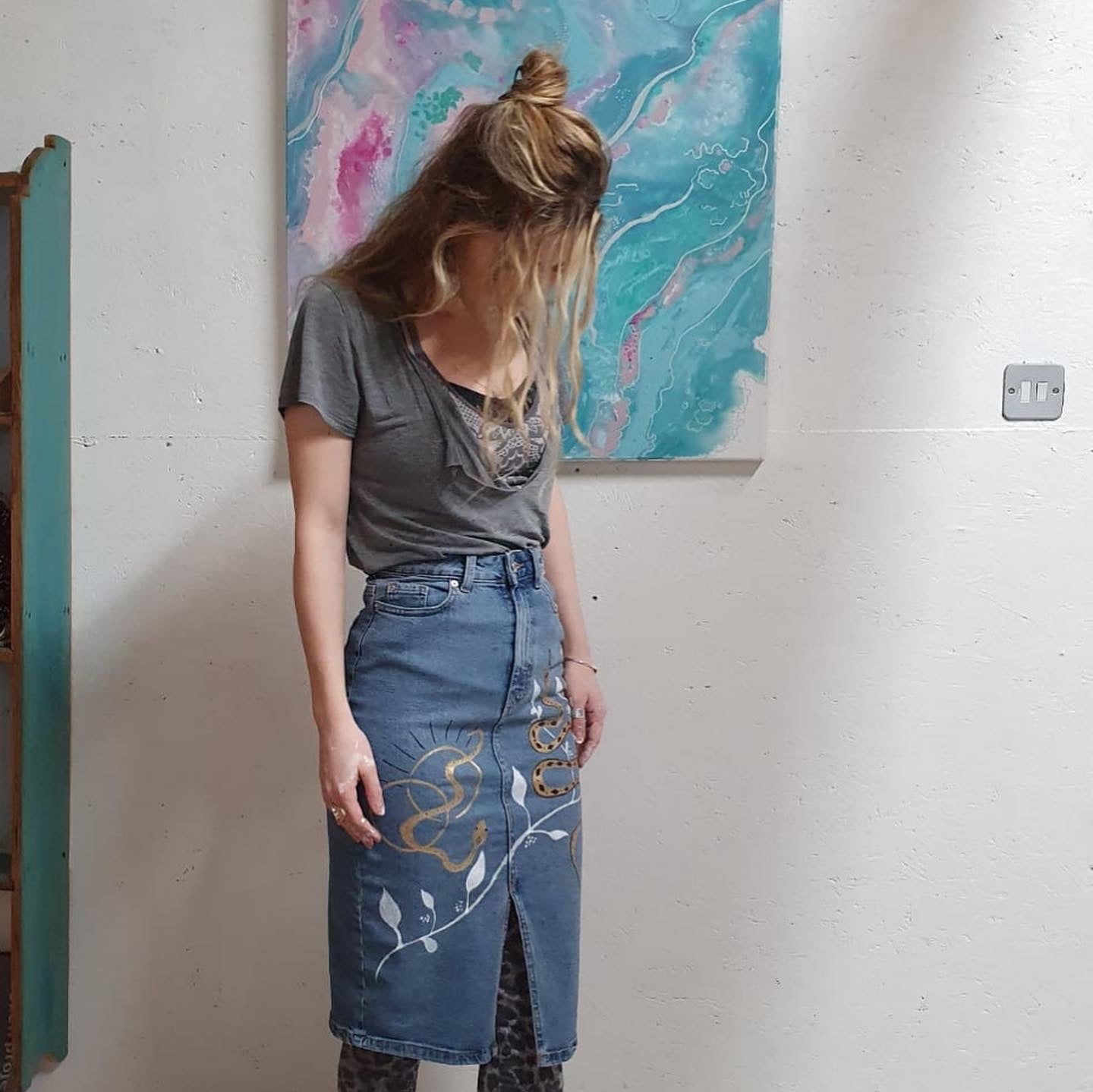 'Goddess snake skirt' Hand painted, up-cycled denim skirt