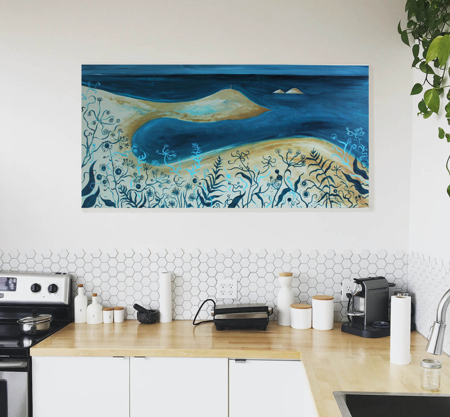 'Cow parsley over Cape Cornwall' Original painting, 100 x 50 cm