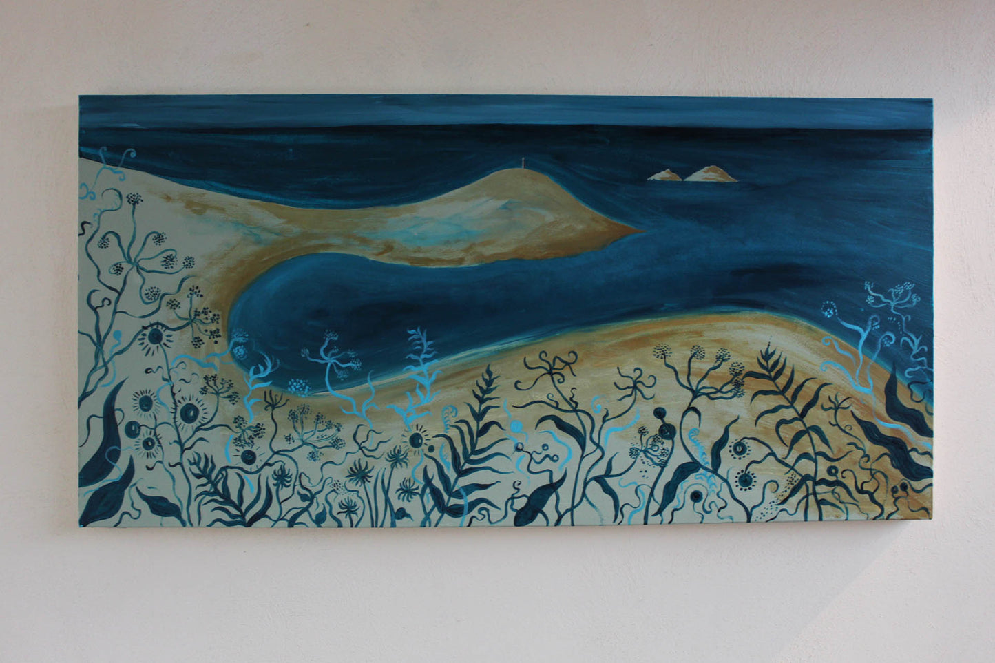 'Cow parsley over Cape Cornwall' Original painting, 100 x 50 cm