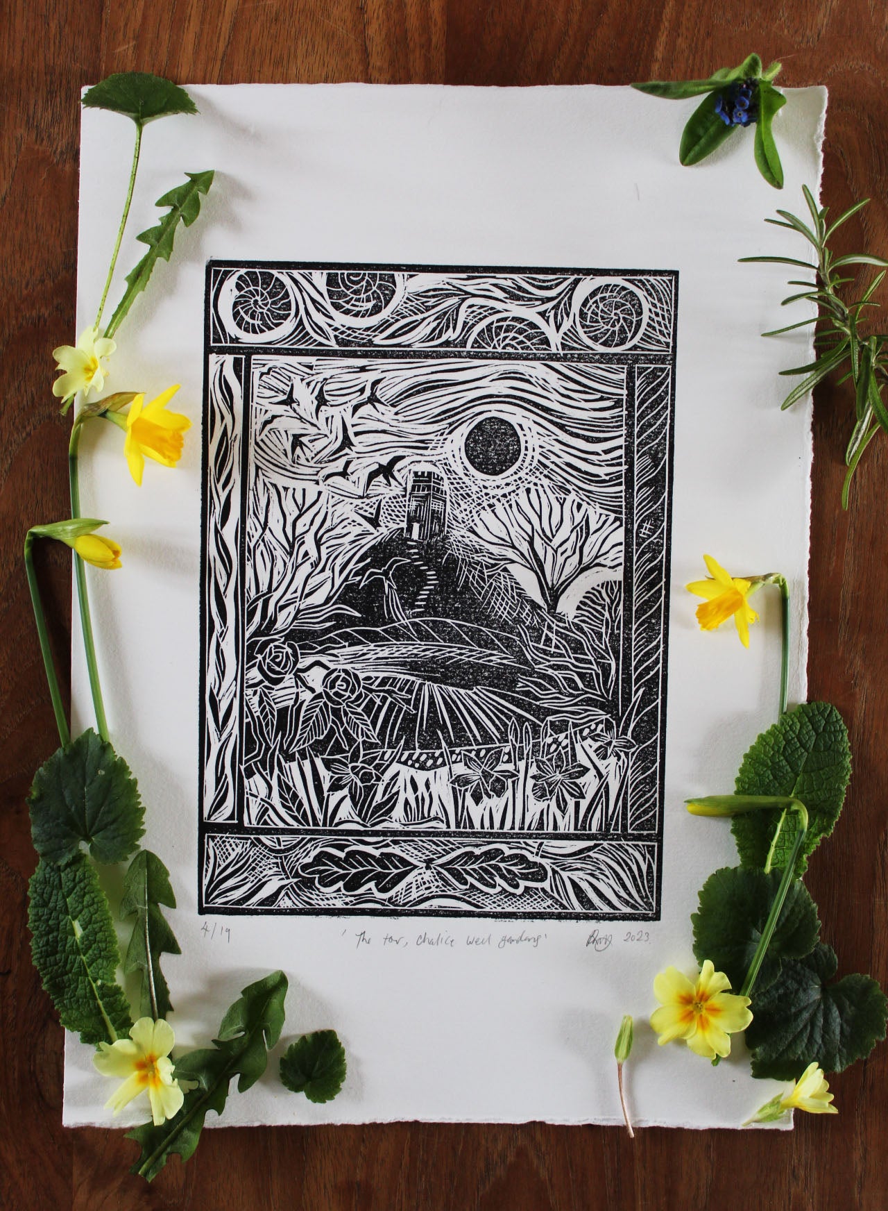'The Tor, Chalice Wells Gardens' Limited edition lino print, 25x 34cm