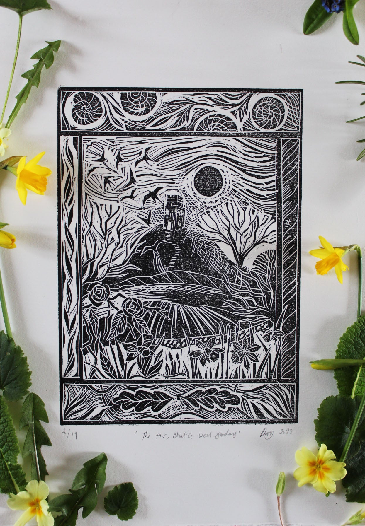'The Tor, Chalice Wells Gardens' Limited edition lino print, 25x 34cm