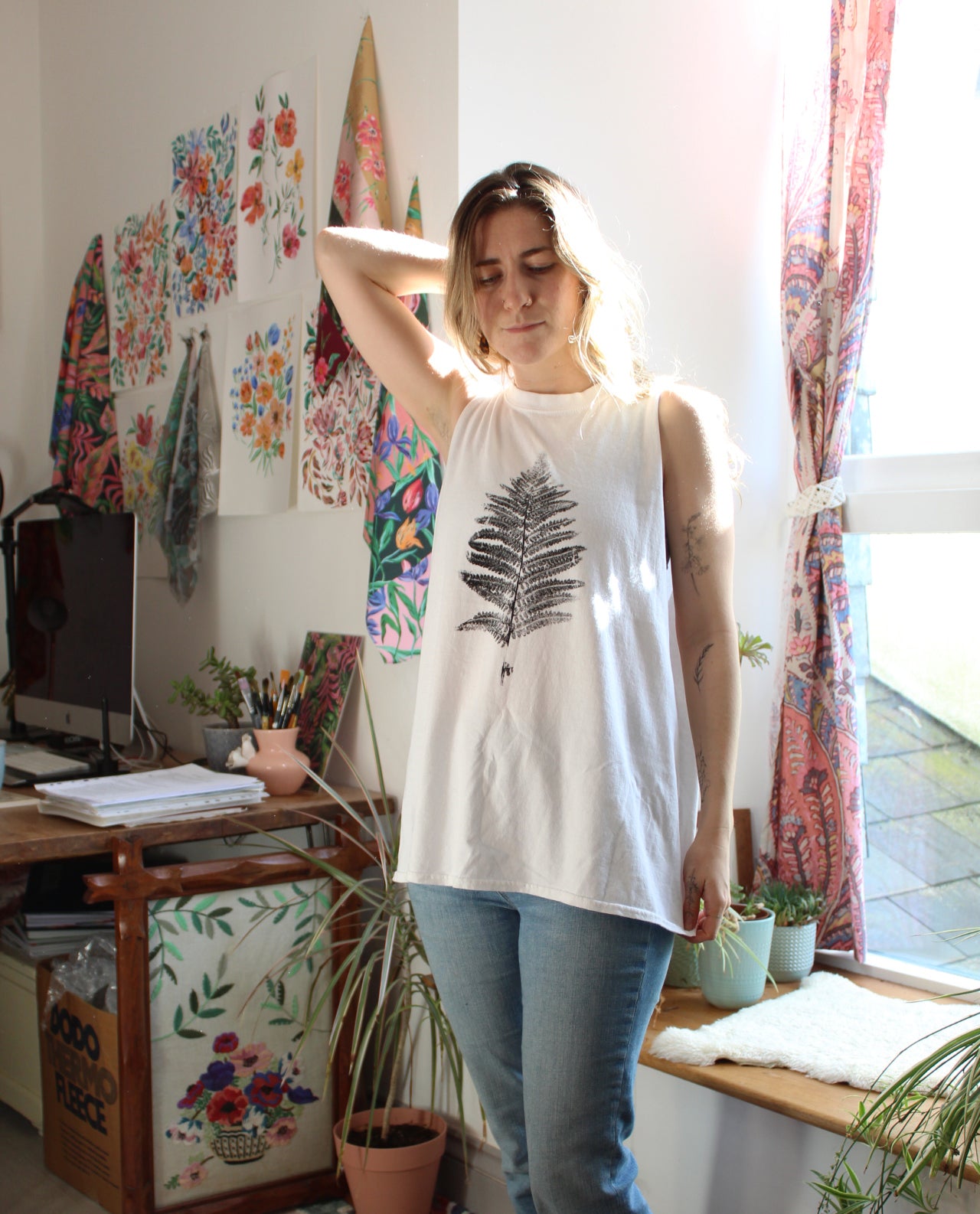 'Feeling Ferny' Hand printed, limited edition up-cycled vest top