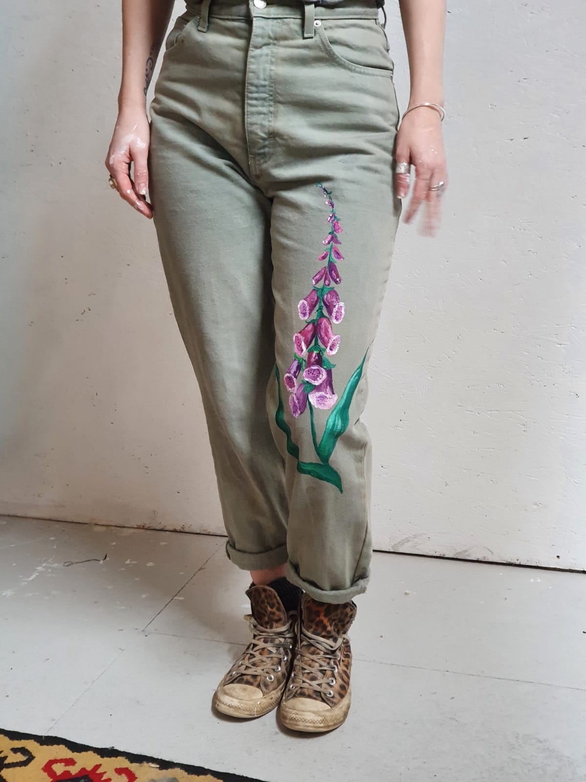 'Foxgloves' Handpainted up-cycled, denim mom jeans