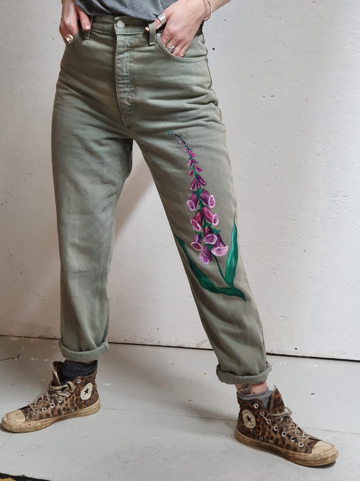 'Foxgloves' Handpainted up-cycled, denim mom jeans