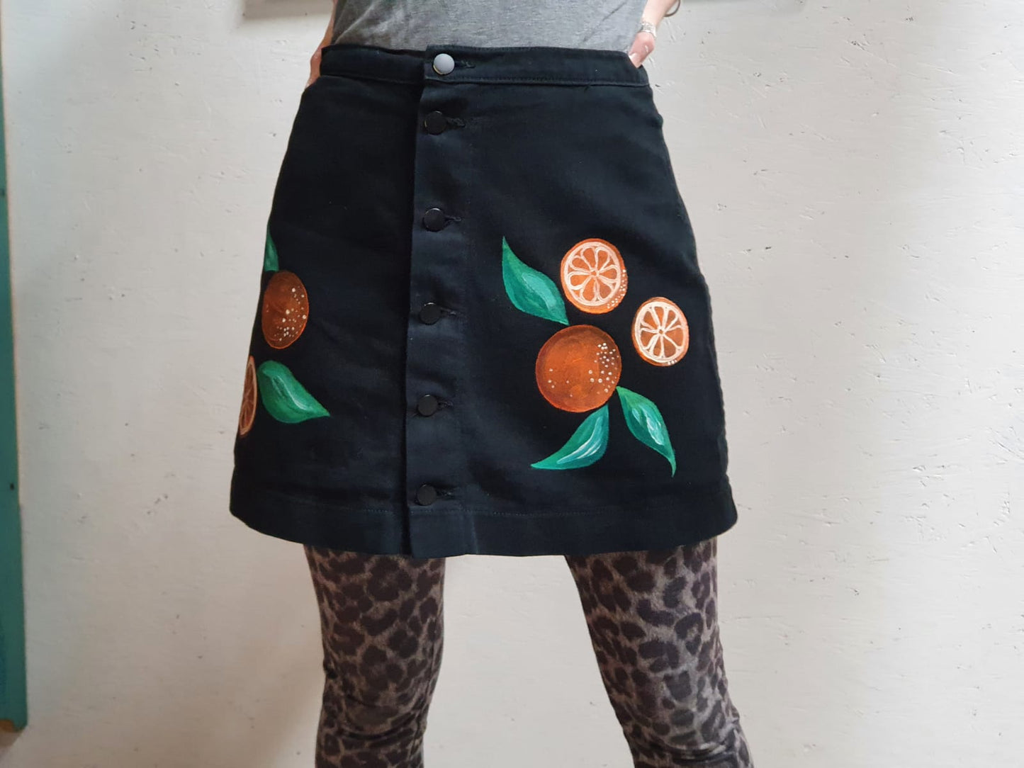 'Tangerine' Hand painted up-cycled black denim mini skirt