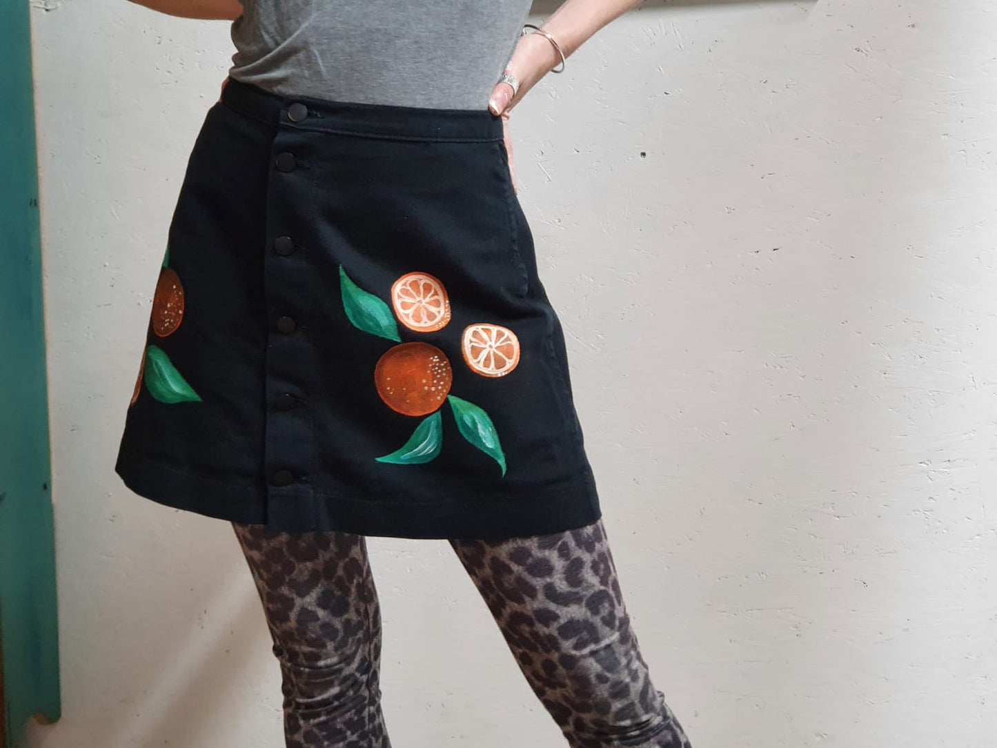 'Tangerine' Hand painted up-cycled black denim mini skirt