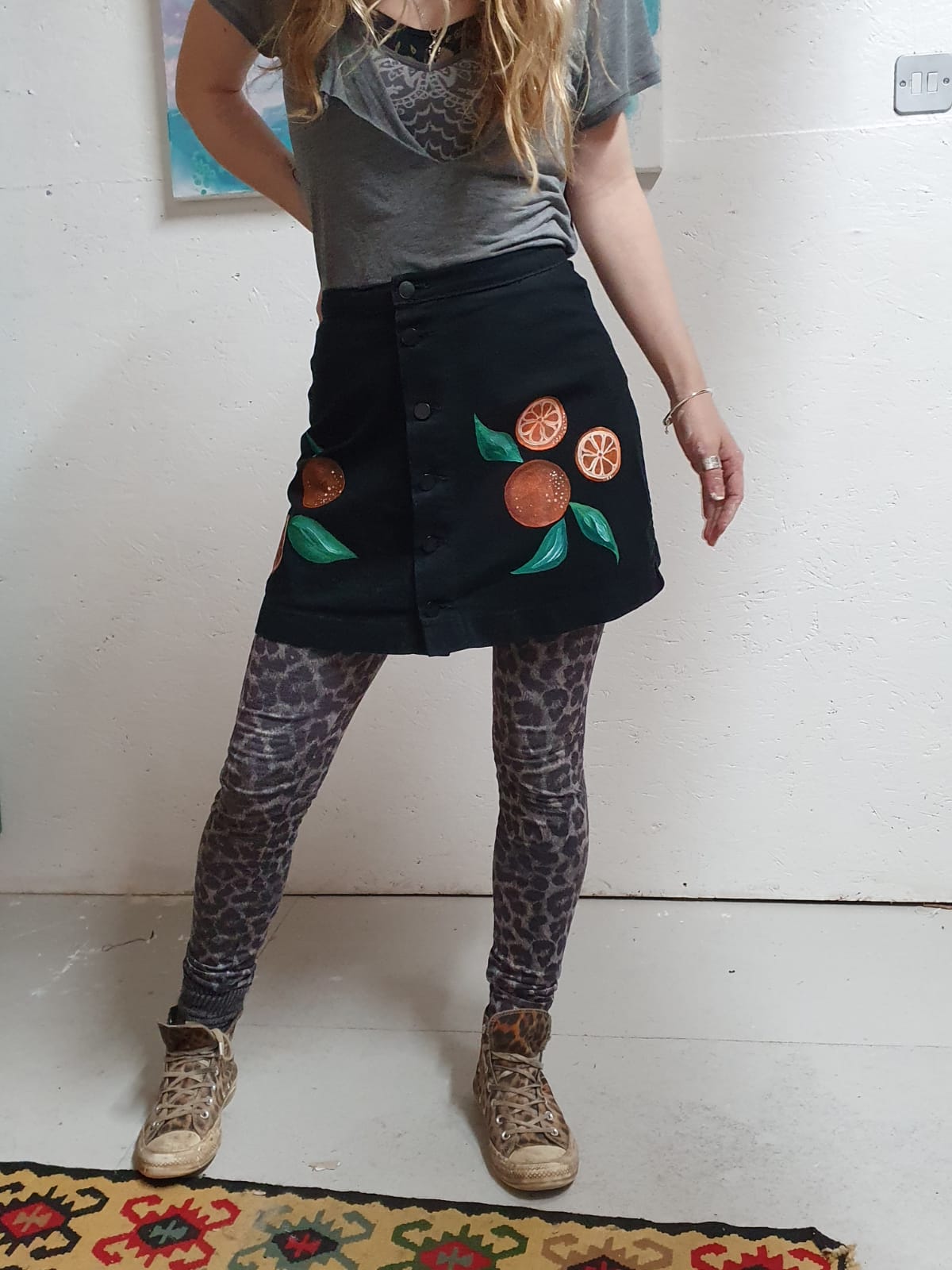 'Tangerine' Hand painted up-cycled black denim mini skirt