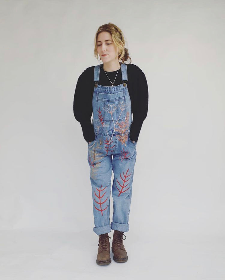 'Autumn Ferns' Hand painted, up-cycled, denim dungarees