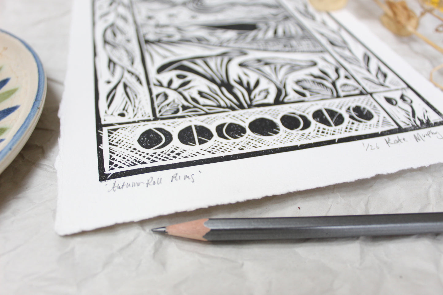'Autumn Roll Rims' Limited Edition Lino Print 25x18cm