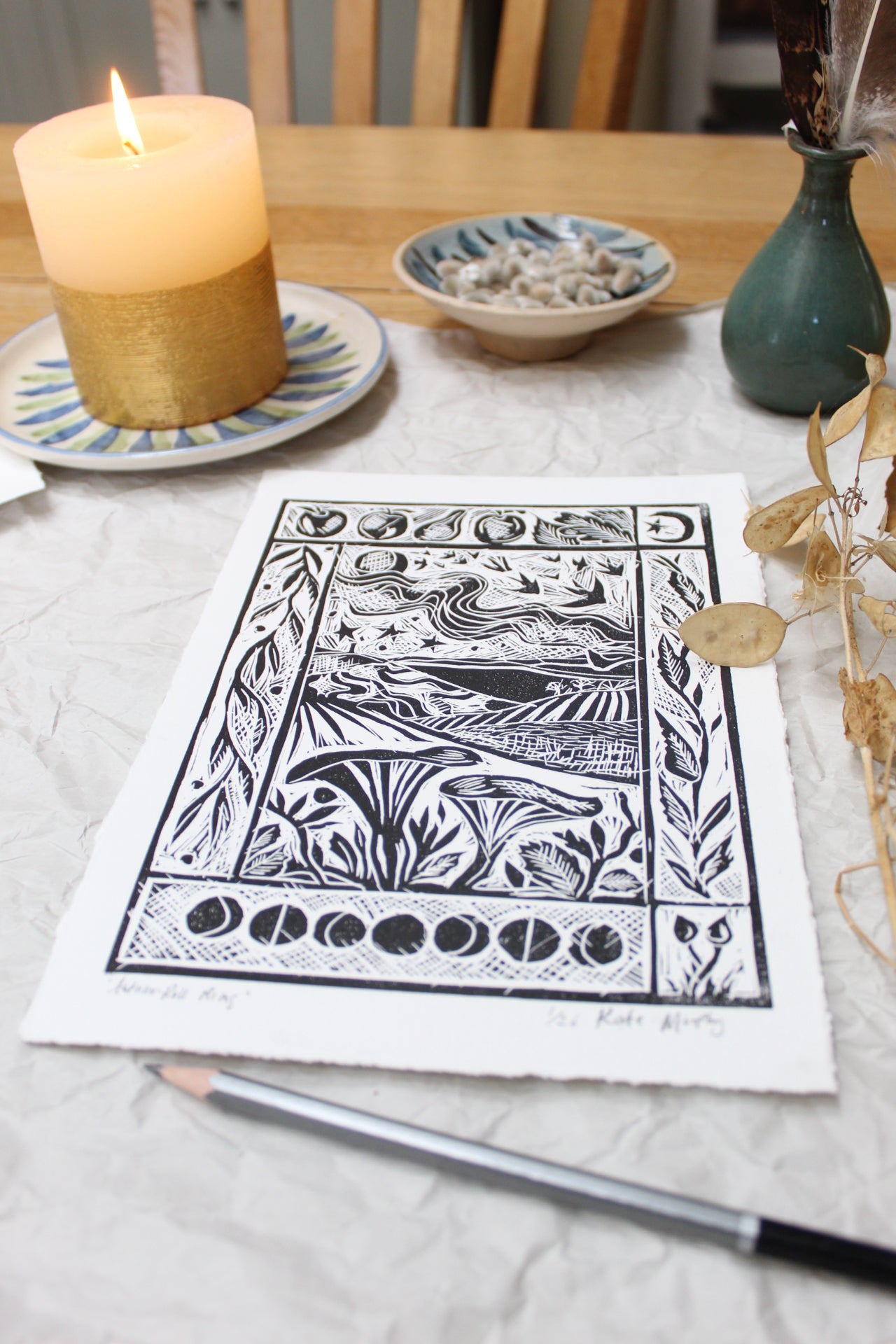 'Autumn Roll Rims' Limited Edition Lino Print 25x18cm