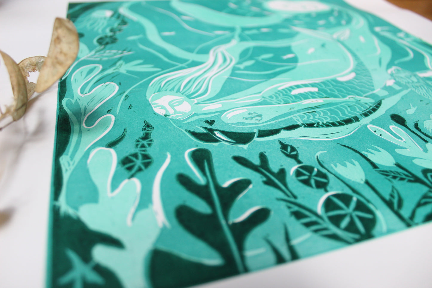 'Mermaid and the fisherman' Limited edition Lino cut 30 x 30cm