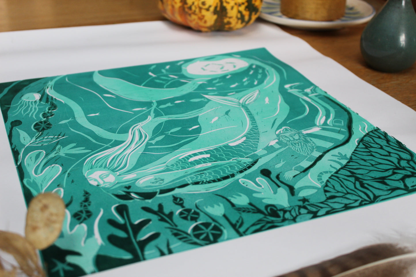 'Mermaid and the fisherman' Limited edition Lino cut 30 x 30cm