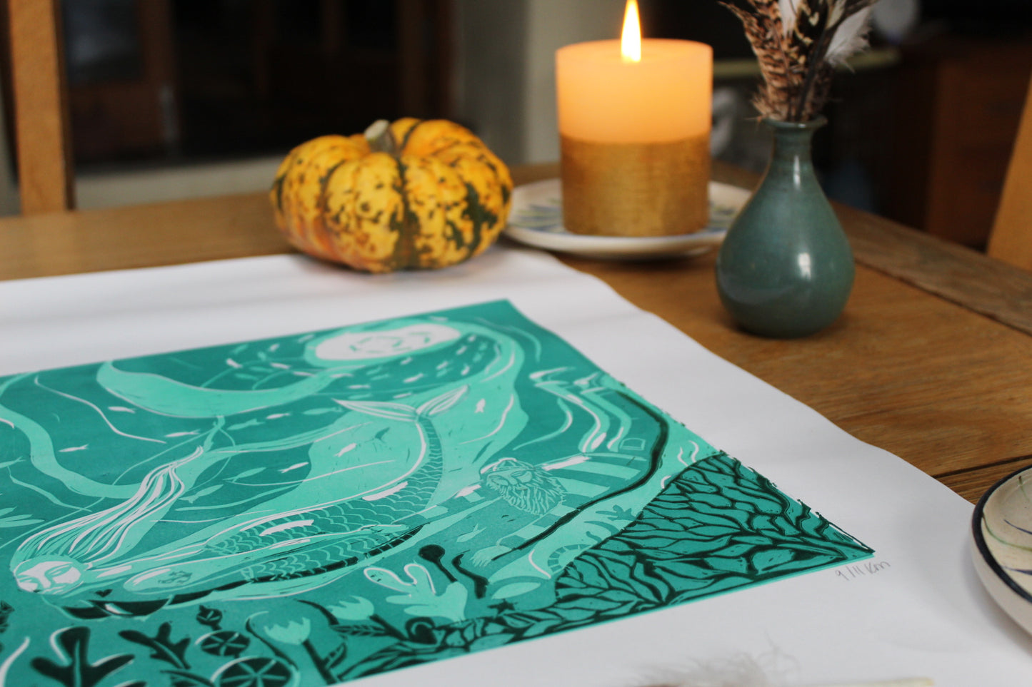 'Mermaid and the fisherman' Limited edition Lino cut 30 x 30cm