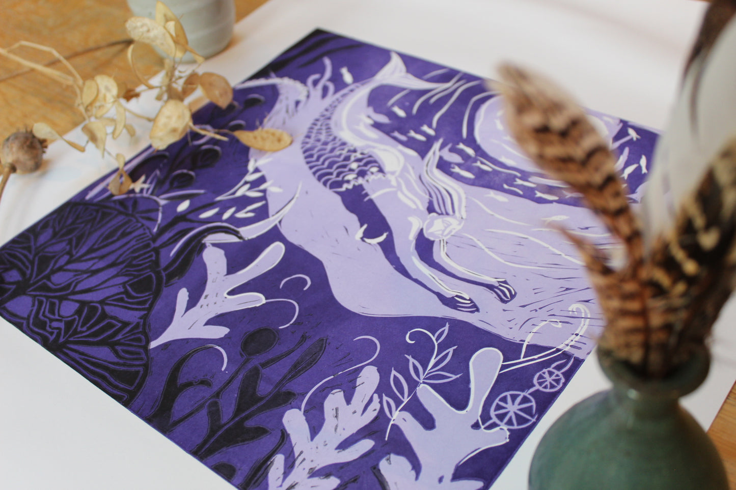 'Mermaid of Zennor' Limited Edition Lino Cut, 30 x 30cm
