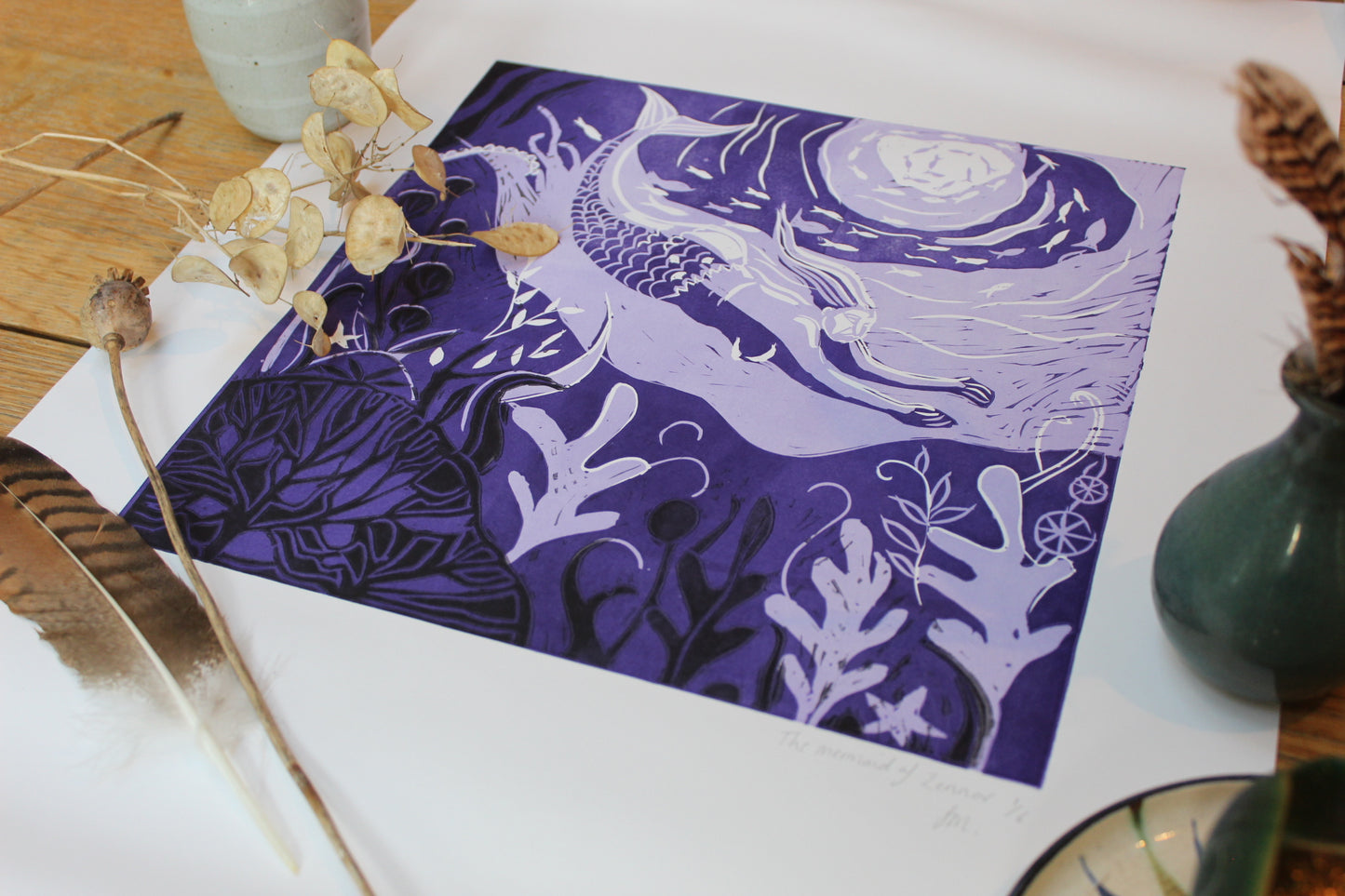 'Mermaid of Zennor' Limited Edition Lino Cut, 30 x 30cm