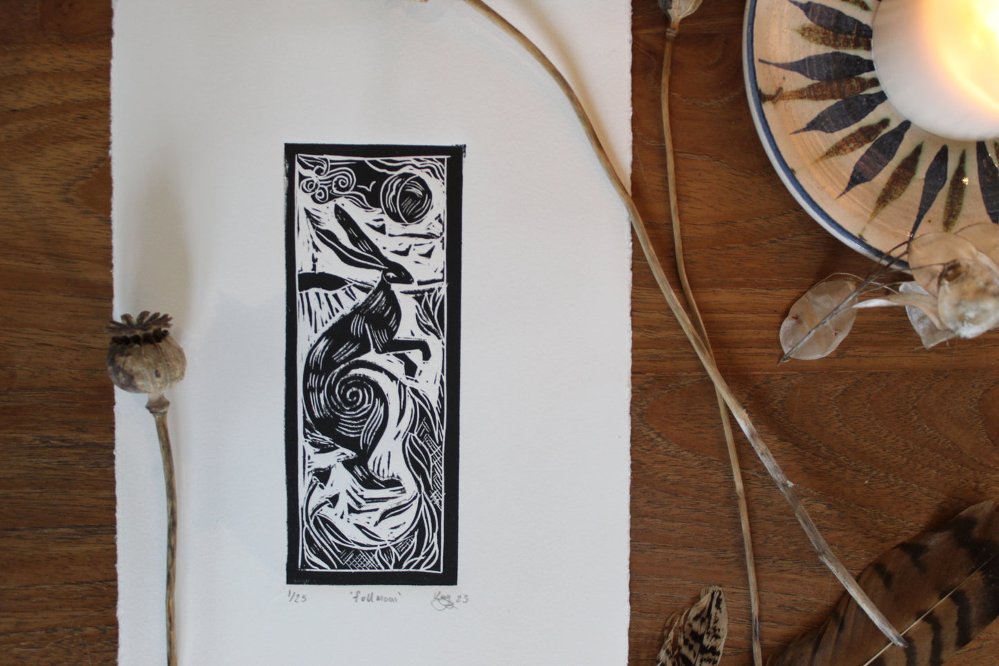 'Full Moon' Limited Edition Lino Print, paper 17.5cm x 25 cm