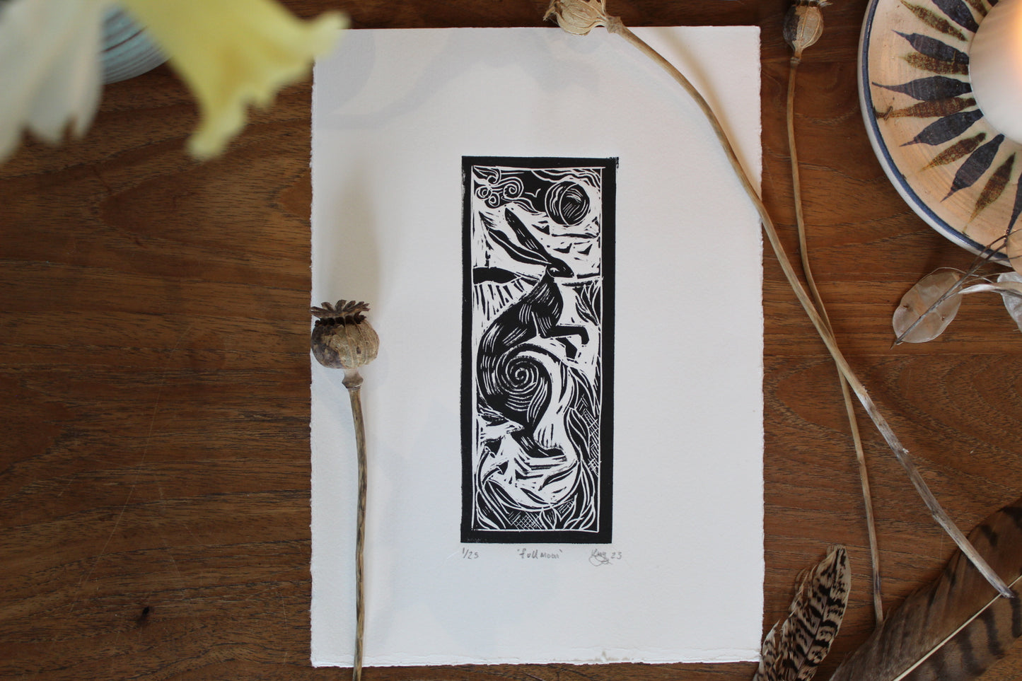 'Full Moon' Limited Edition Lino Print, paper 17.5cm x 25 cm