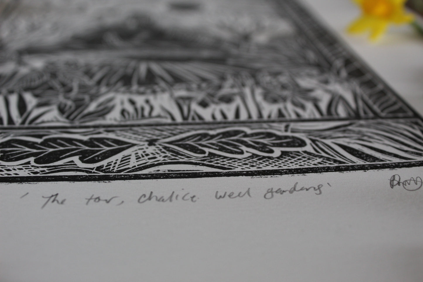 'The Tor, Chalice Wells Gardens' Limited edition lino print, 25x 34cm
