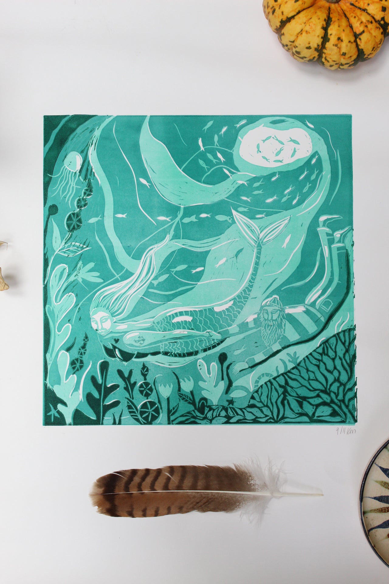 'Mermaid and the fisherman' Limited edition Lino cut 30 x 30cm