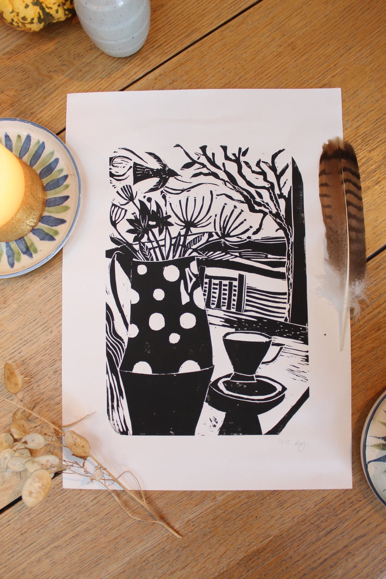 'Spotted Jug' Limited Edition, Lino Print A3