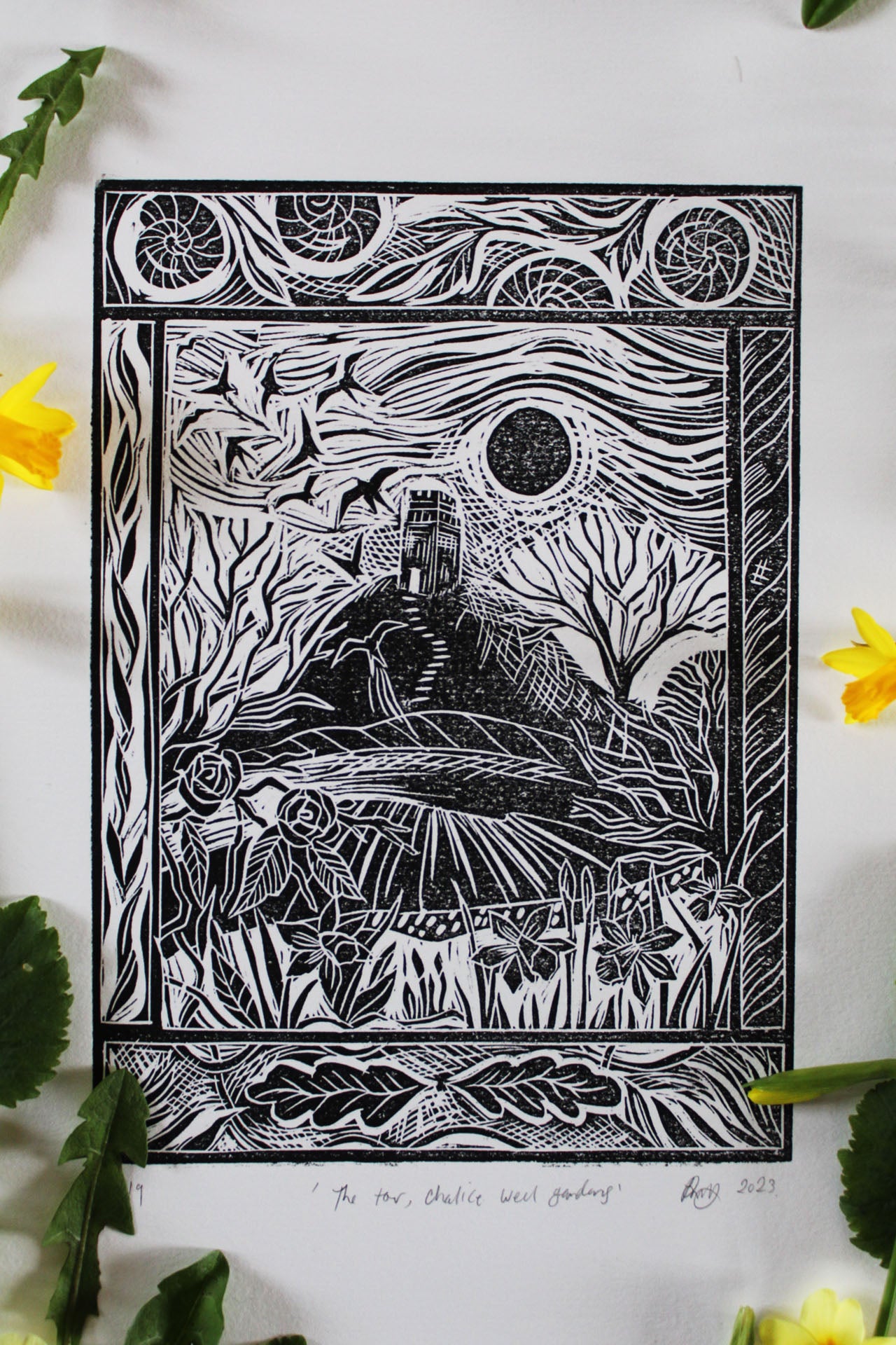 'The Tor, Chalice Wells Gardens' Limited edition lino print, 25x 34cm