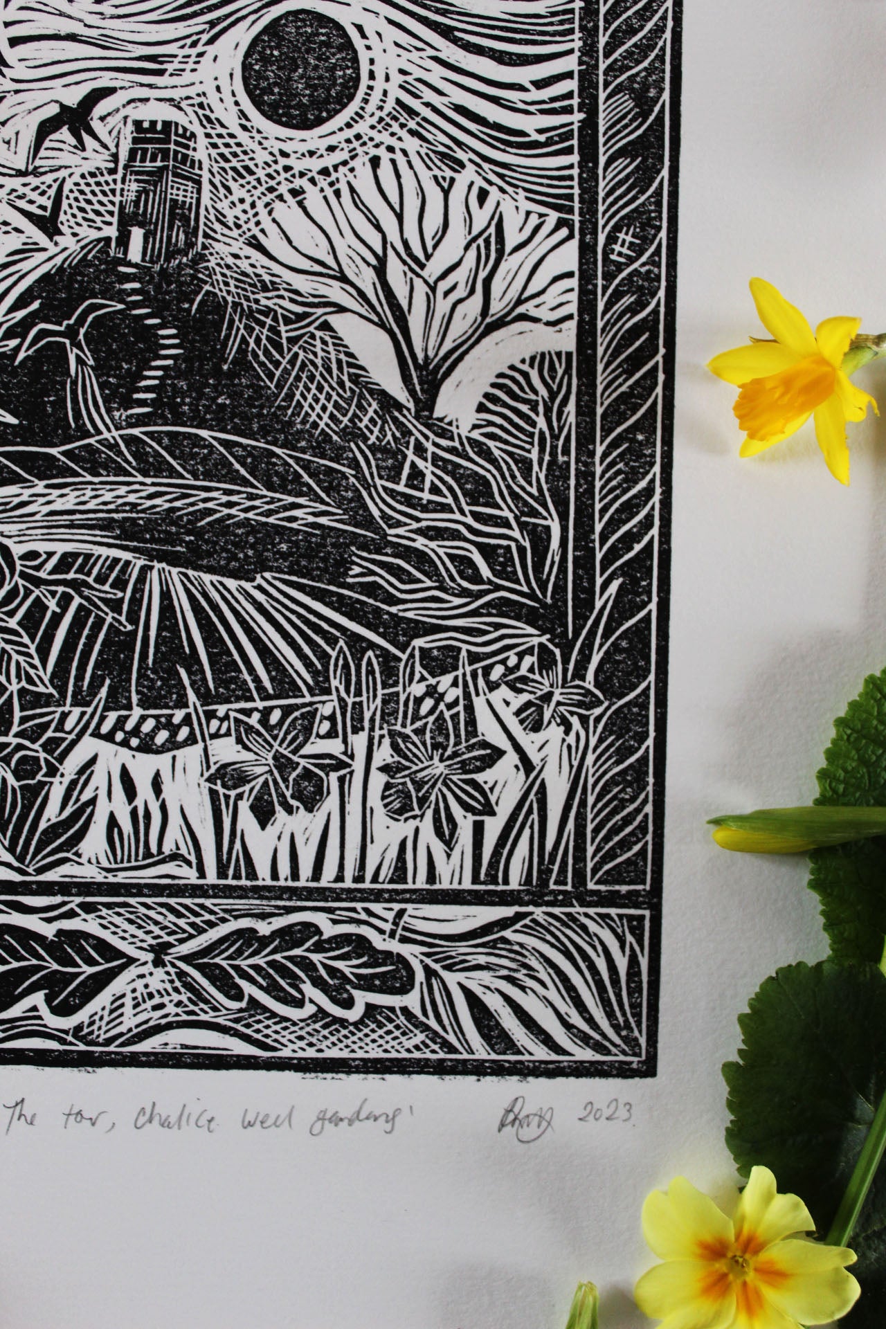 'The Tor, Chalice Wells Gardens' Limited edition lino print, 25x 34cm