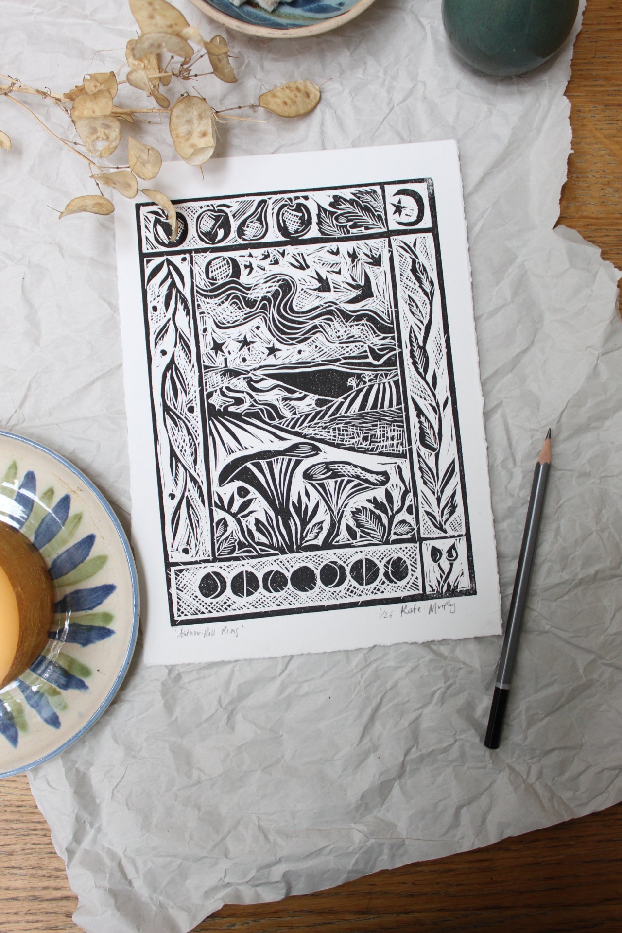 'Autumn Roll Rims' Limited Edition Lino Print 25x18cm