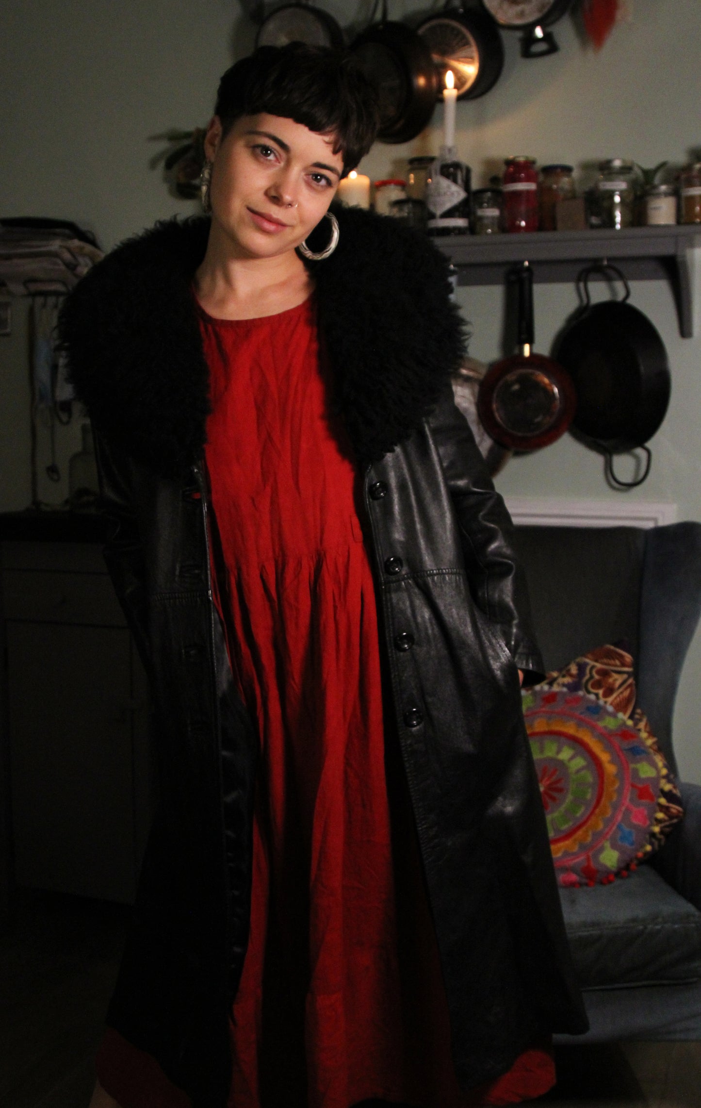 'Pagan planets witches' Vintage leather black coat, Faux sheepskin Collar