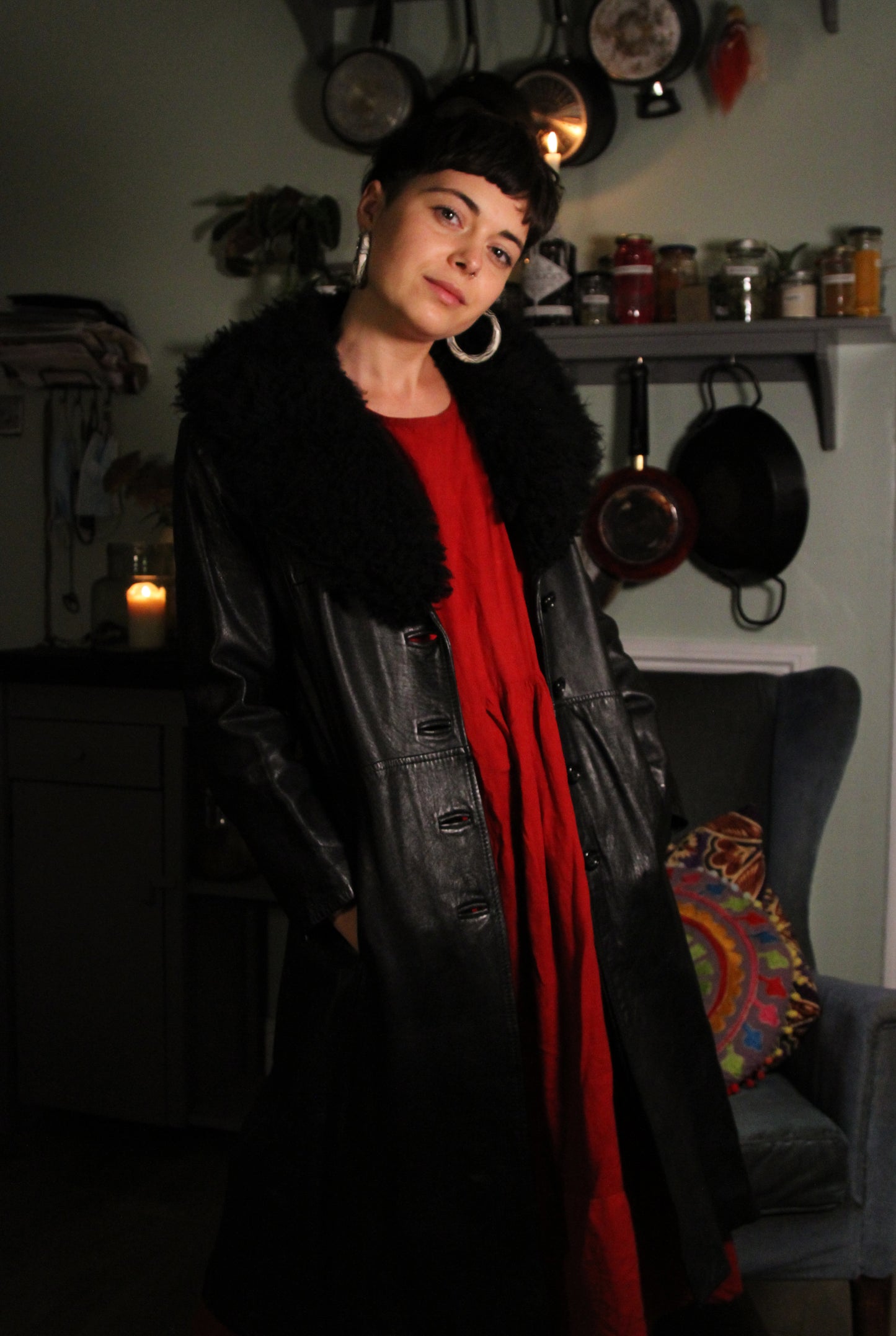 'Pagan planets witches' Vintage leather black coat, Faux sheepskin Collar