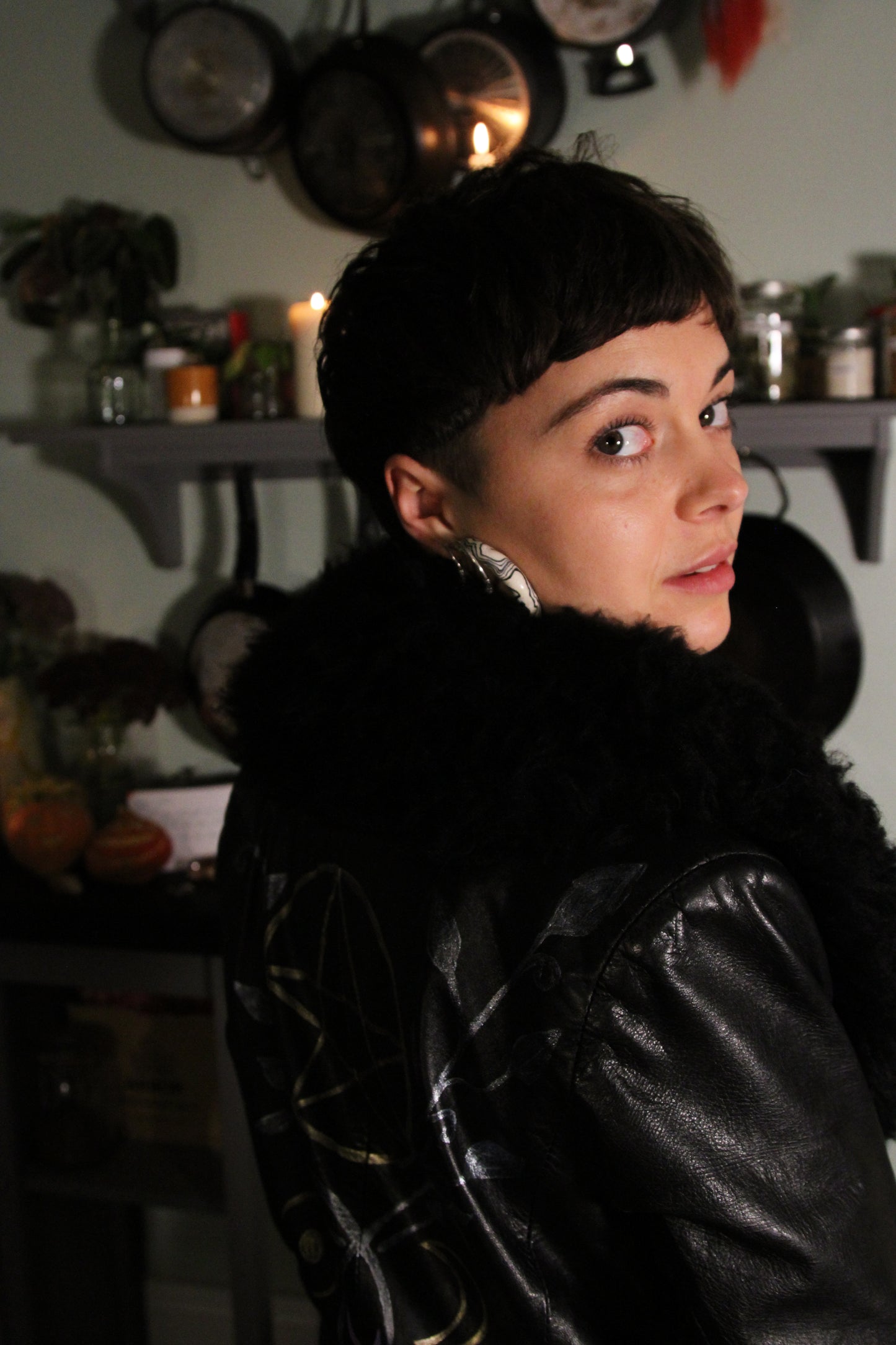 'Pagan planets witches' Vintage leather black coat, Faux sheepskin Collar