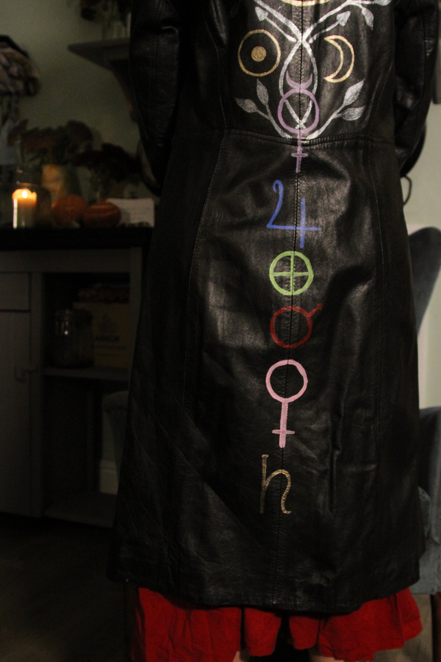 'Pagan planets witches' Vintage leather black coat, Faux sheepskin Collar