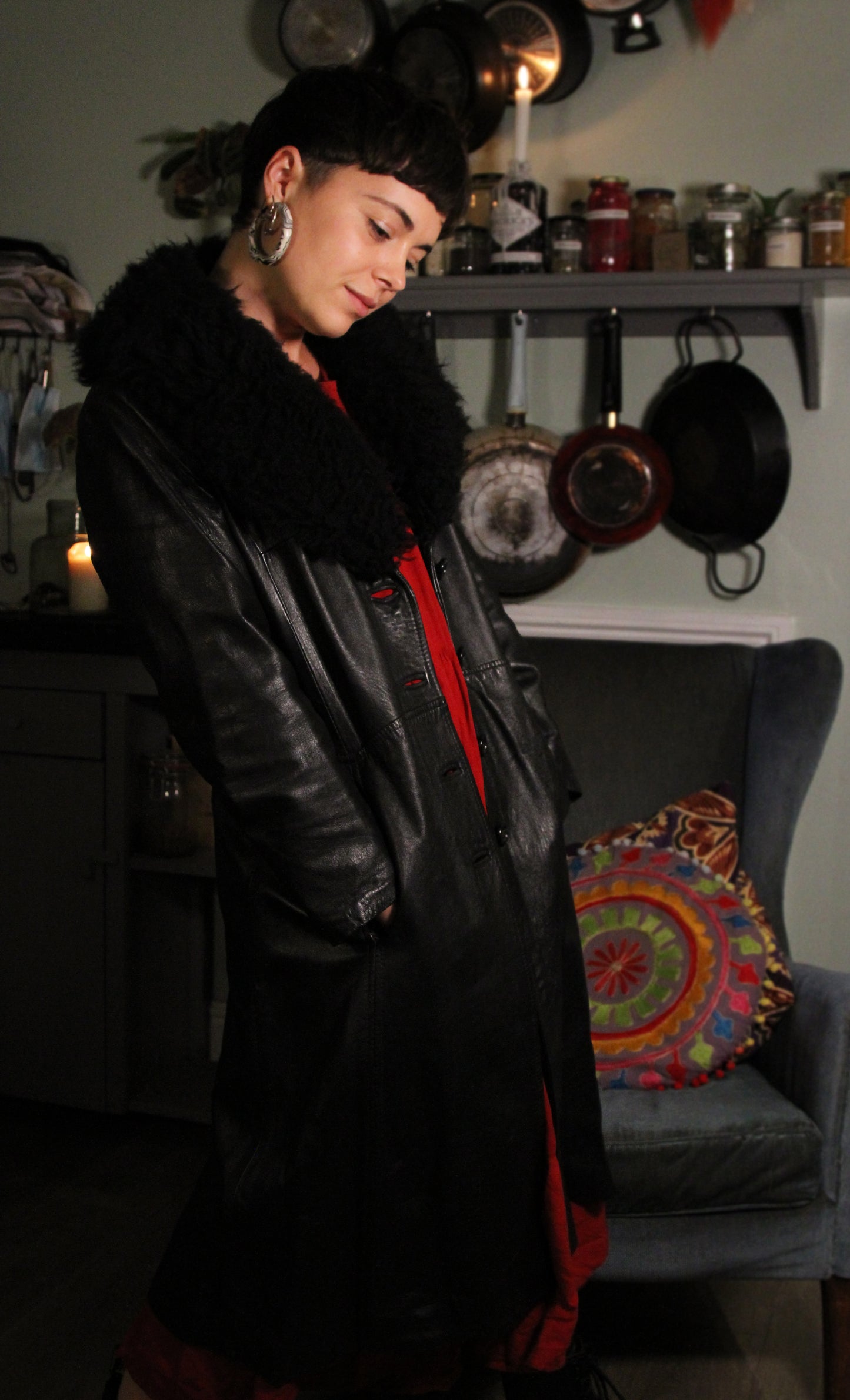 'Pagan planets witches' Vintage leather black coat, Faux sheepskin Collar