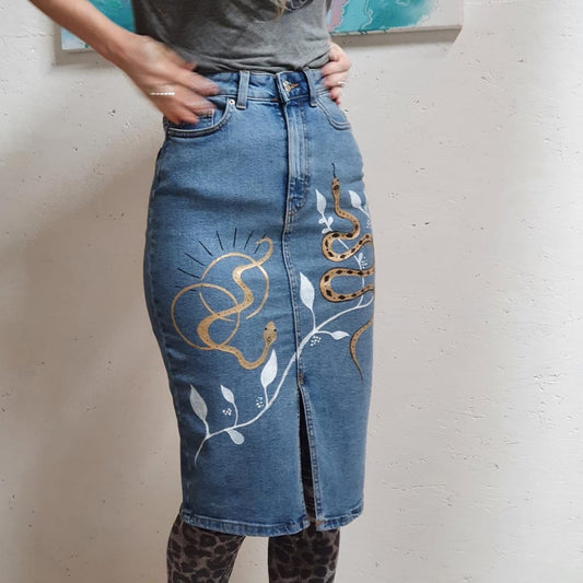 'Goddess snake skirt' Hand painted, up-cycled denim skirt