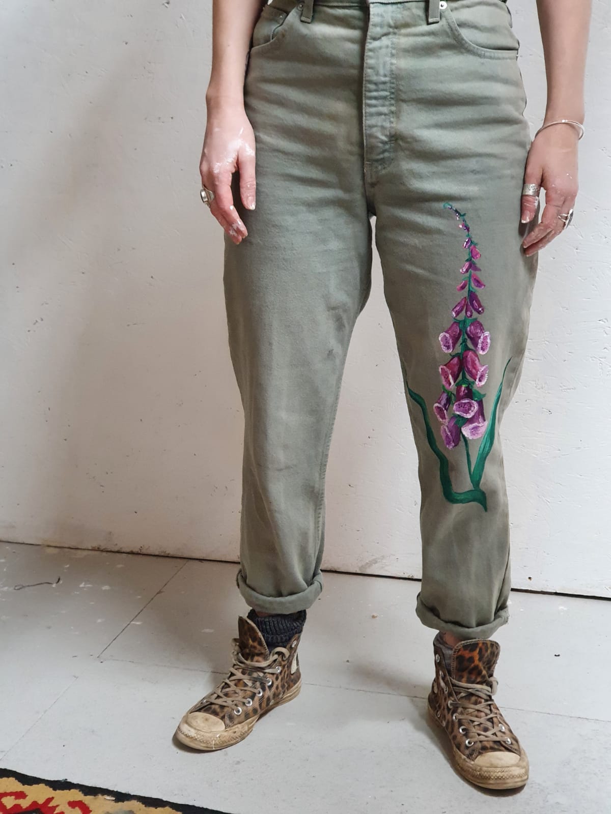 'Foxgloves' Handpainted up-cycled, denim mom jeans