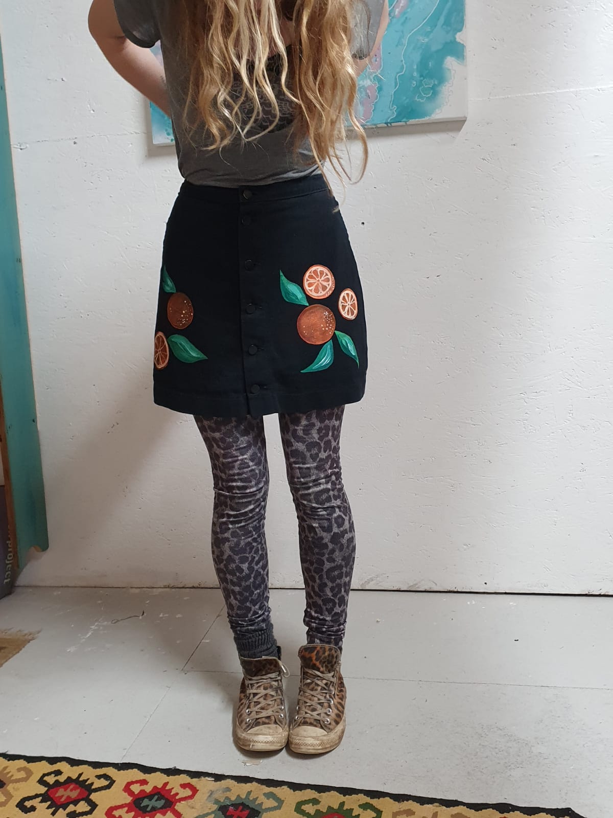 'Tangerine' Hand painted up-cycled black denim mini skirt