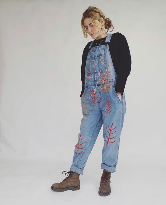 'Autumn Ferns' Hand painted, up-cycled, denim dungarees