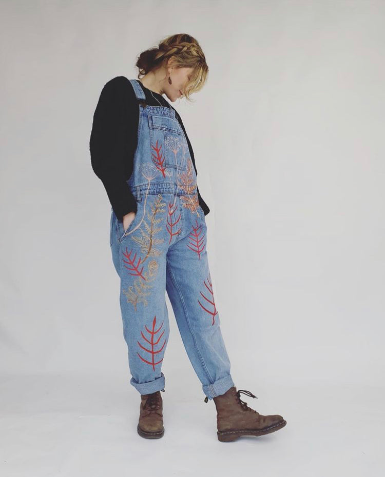 'Autumn Ferns' Hand painted, up-cycled, denim dungarees