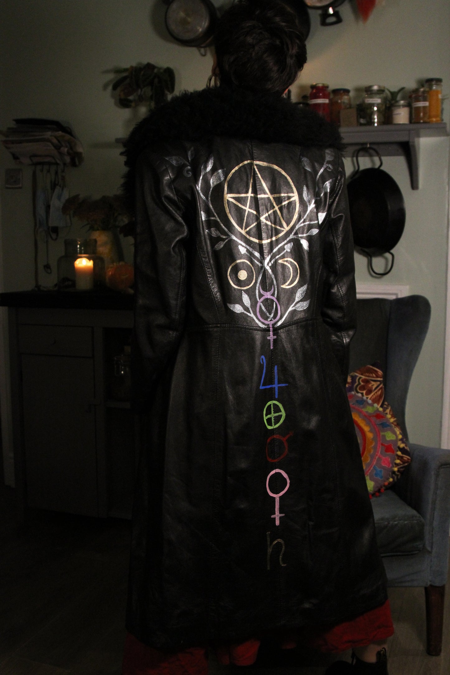 'Pagan planets witches' Vintage leather black coat, Faux sheepskin Collar